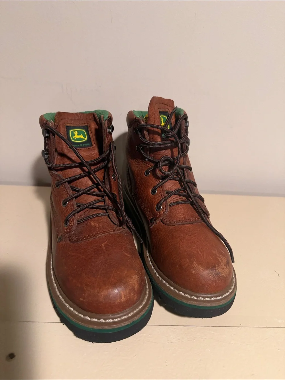 John Deere Brown Leather Kids Work Boots with Green Accents